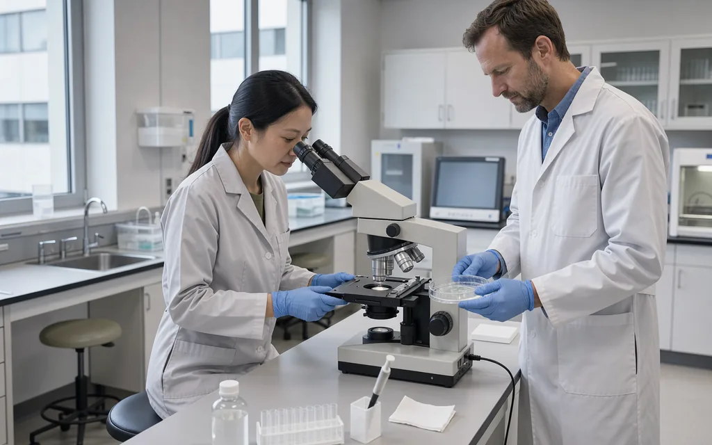 Two technicians examining a culture dish beside an inverted microscope in a daylight laboratory