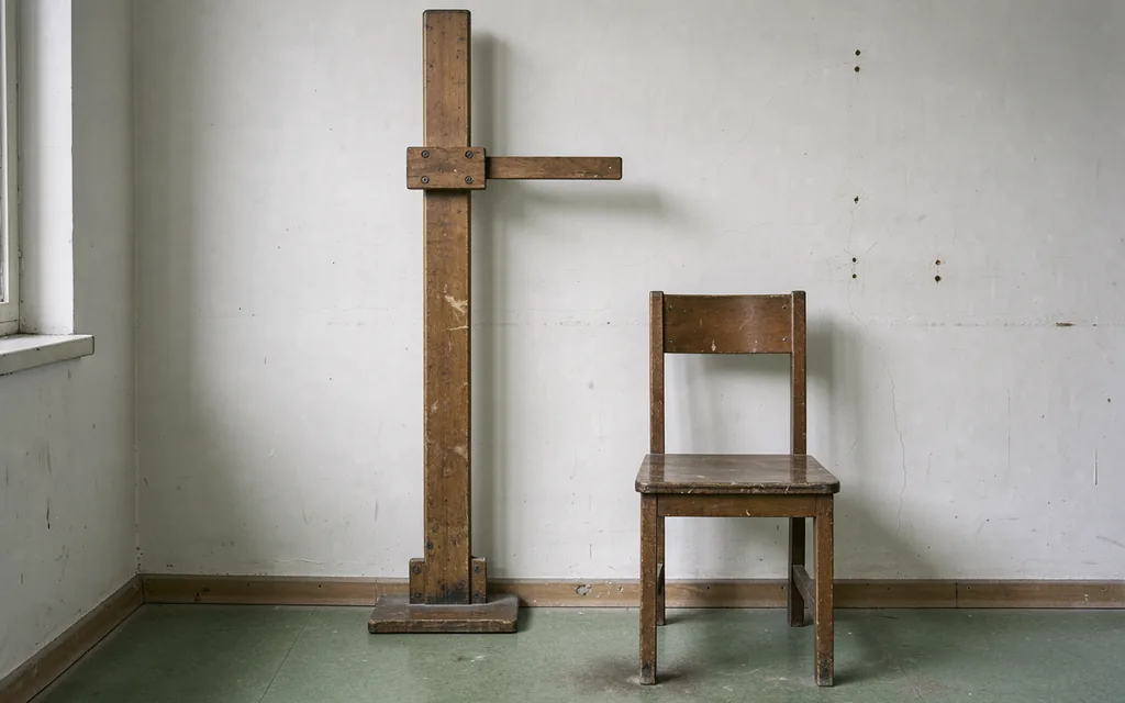 A wall-mounted height-measuring instrument with a sliding headpiece in an empty bright examination room