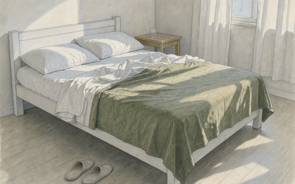 Morning daylight crossing an unoccupied bed with a moss-green cover and a partly open curtain