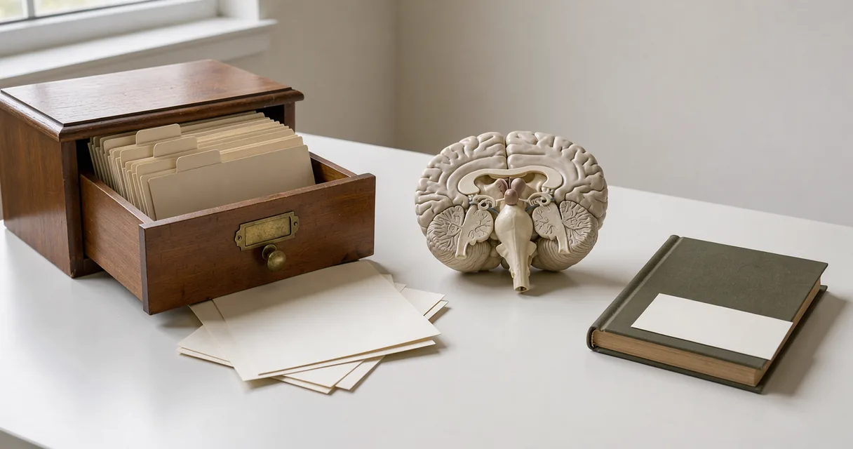 An open wooden reference drawer beside a brain teaching model on a white table