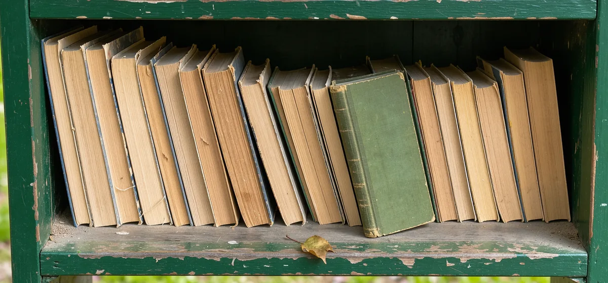 Unlettered paper edges inside a worn green public book box, lit by spring reflections.